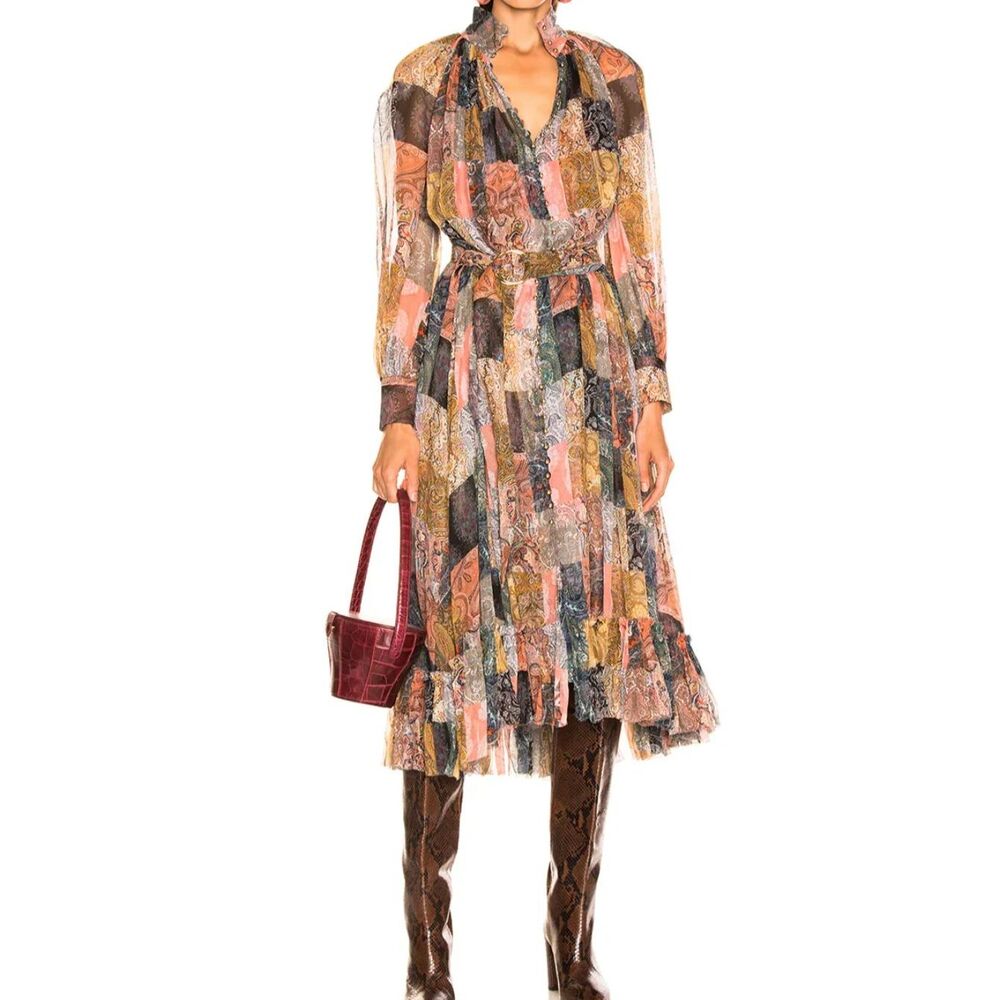 Zimmermann Ninety Six Paisley Patchwork Silk Midi Dress Belted